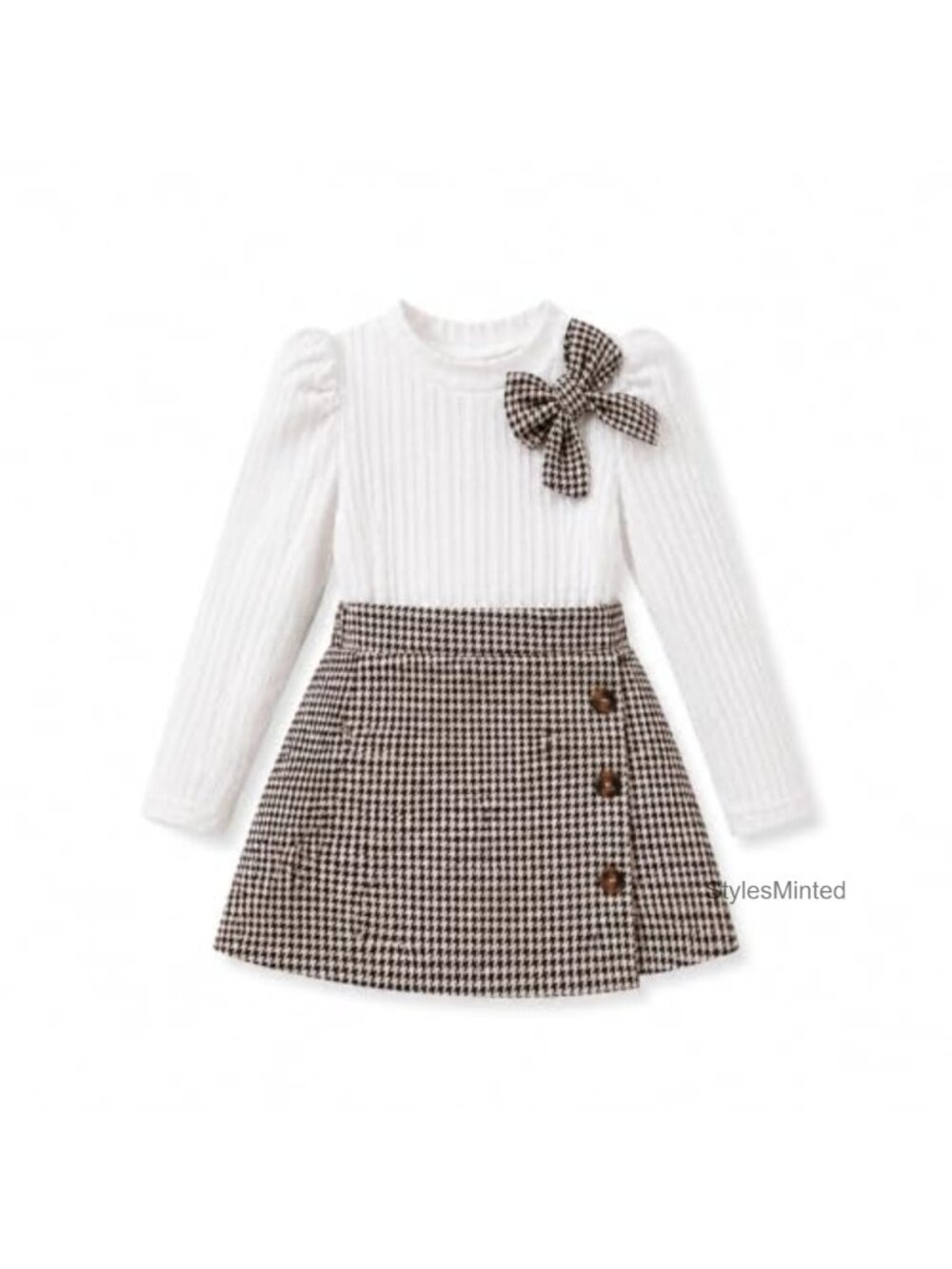 Toddler Girls Knit Bow Sweater Top Plaid Skirt Set Fall Winter Outfit